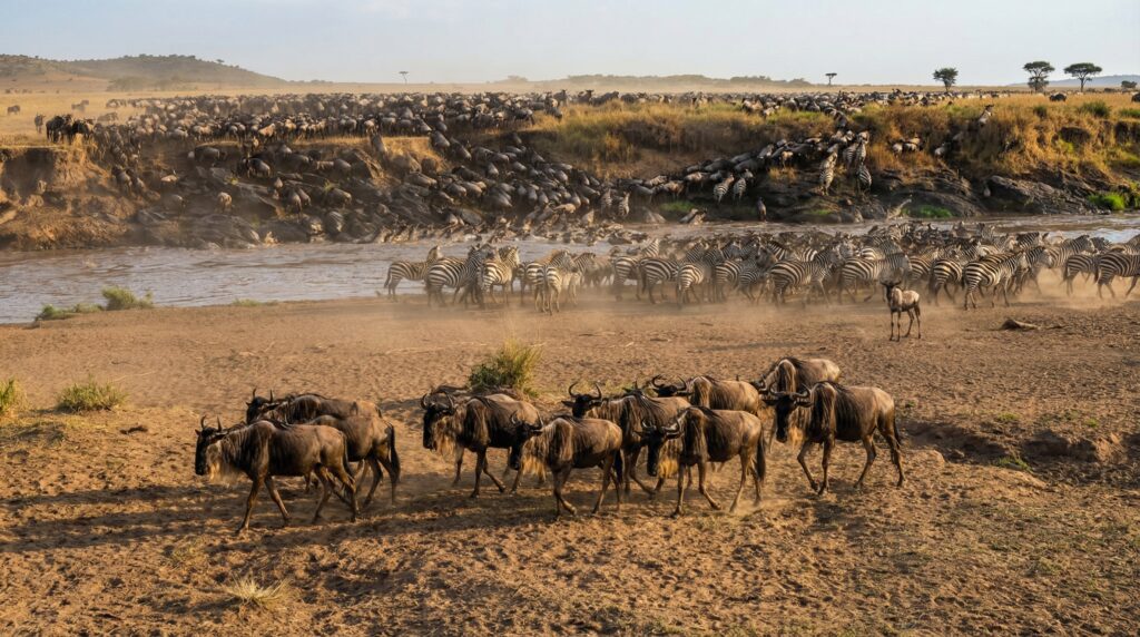A massive herd of wildebeest and zebras crowd the river crossing during the Great Migration, as animals surge down eroded banks into the water, raising clouds of dust across the sunlit plains.