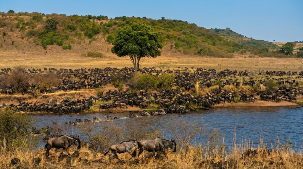 Thousands of wildebeest and zebras gather at a dusty riverbank during the Great Migration, with herds descending steep, rocky cliffs to cross while others cluster along the water’s edge under the golden African savanna light.